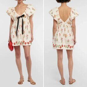 Agua by Agua Bendita Cream Mini Dress with Red Floral Embroidery and Black Bow